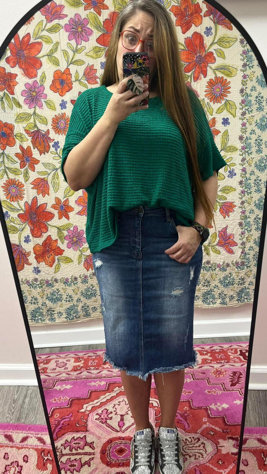 Green Waffle Knit Top-Plus